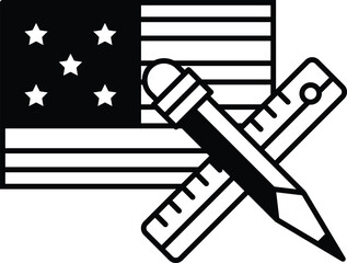 A black and white drawing of a pencil and a ruler on top of an American flag