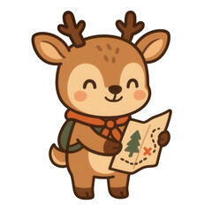 Adorable cartoon deer exploring the forest with a treasure map. Perfect for kids’ camping themes, outdoor adventure designs, and woodland clipart collections.