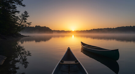 Serene Sunrise Two Canoes on Misty Lake at Dawn Peaceful Water Reflections