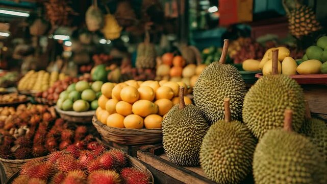 A rustic wooden crate filled with fresh durian fruits is showcased in a vibrant market setting.