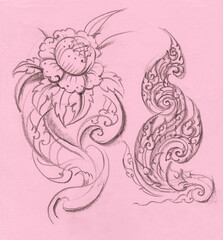 Abstract of flowers in Thai art pencil drawing for card decoration illustration