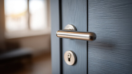 Closeup of modern door handle and keyhole on dark wooden door, with blurred background of room and window, creating sense of privacy and security