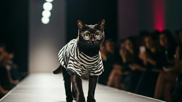 Black Cat in Zebra-Striped Outfit Walks Runway