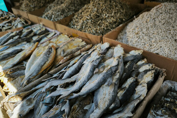 Various kinds of salted fish displayed in containers are sold in the traditional market.