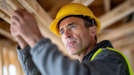 Construction worker wearing yellow safety helmet and reflective vest inspecting wooden ceiling structure with serious expression, showing concern or deep thought about project