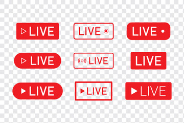 Live streaming set red icons. Play button icon vector