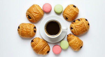Delicious Pain au Chocolat Macarons and Coffee Breakfast Flatlay