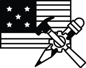 A black and white image of a hammer and a pair of pencils on a flag