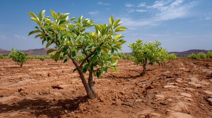 Fototapeta premium Young Apple Trees Thriving in Dry Farmland Rows Under Sunny Sky