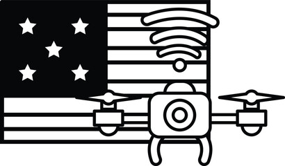 A drone is flying over a flag with stars