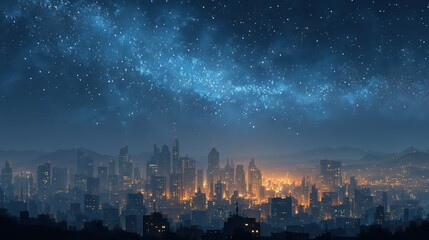 Fototapeta premium Brightly lit buildings dominate the skyline in the nighttime cityscape, while stars twinkle overhead. The atmosphere is alive with energy, reflecting the city's thriving nightlife and landscape