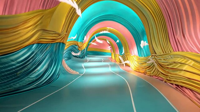Colorful Fabric Tunnel with Floating Feathers in Motion, silky and lush