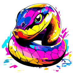 Colorful snake coiled in a dynamic pose with vibrant hues and striking patterns