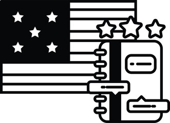 A black and white image of the American flag with stars and stripes