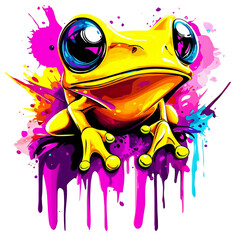 Bright yellow frog with vibrant colors and playful design against colorful splashes of paint