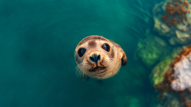 Curious Baikal Seal Swimming in Crystal Clear Water Near Stones and Seaweed