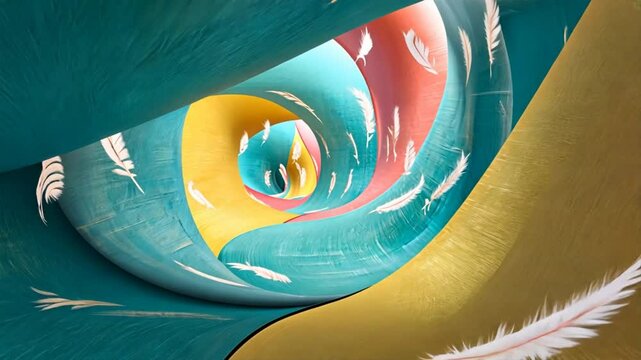 Colorful Fabric Tunnel with Floating Feathers in Motion