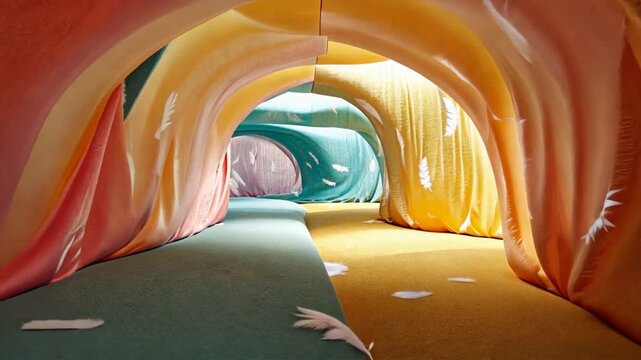 Colorful Fabric Tunnel with Floating Feathers in Motion, archways, serene summery feel