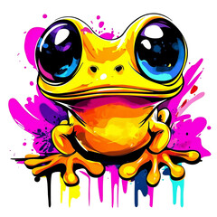 Bright yellow frog with vibrant colors and playful design against colorful splashes of paint