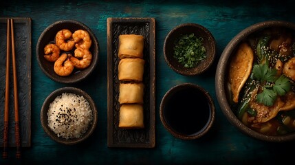 Overhead shot presents Asian food selections well