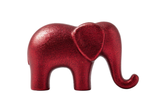 Glossy red elephant figurine on black background reflecting light, cut out