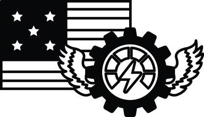A black and white image of a gear with a lightning bolt on it