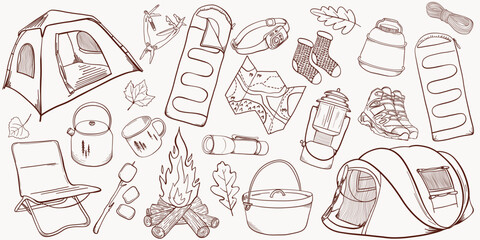 Camping Equipment Set. Line Art. Outdoor Adventure Collection. Camp Life Vector Illustrations. Tents, sleeping bags, hiking elements.