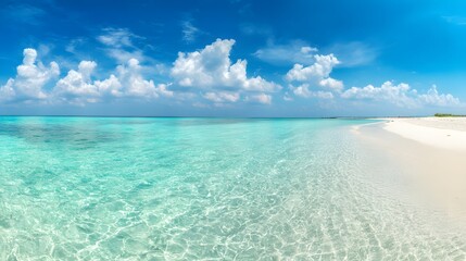 Fototapeta premium Scenic tropical beach panorama with turquoise water, white sand, and abstract clouds under blue sky in natural light, evoking calm vacation vibes and perfect summer escape concept