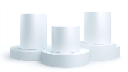Three light gray cylindrical podiums