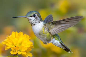 Fototapeta premium Vibrant Hummingbird in Mid-Air Next to Bright Yellow Flower, Perfect for Nature-Themed Designs