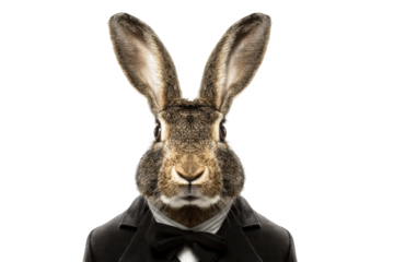 Rabbit in tuxedo portrait with bowtie isolated on black background, cut out