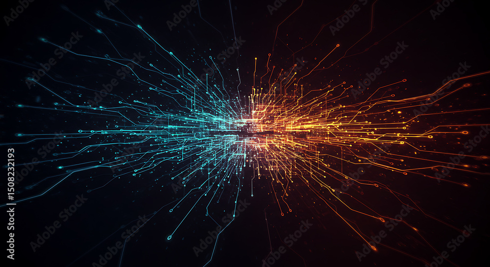 Poster abstract digital network glowing circuit board lines technology background data flow visualization