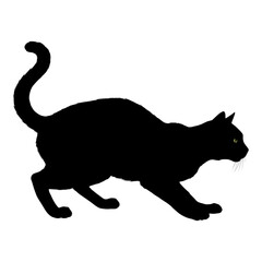 Obraz premium Black silhouette of running cat in action, side profile with tail up and stretched legs