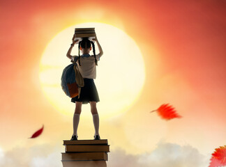 child on the tower of books