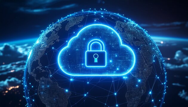 Secure cloud network with digital padlock icon