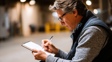 Man with glasses writing in notebook in indoor setting, focused and thoughtful, possibly taking notes or making plans, with blurred background that suggests warehouse or industrial space