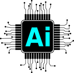 AI technology chip icon with circuit lines. Represents artificial intelligence embedded in microchips and digital processing.