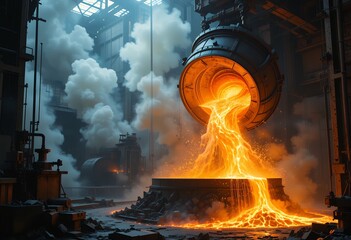 Molten metal pouring from furnace in an industrial steel foundry with smoke