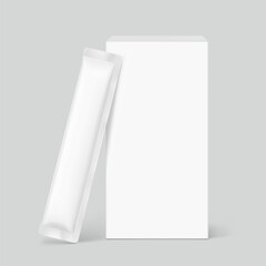 Blank three seal stick package bag with paperboard box mockups. Front view. Vector illustration isolated on grey background. Can be use for food, cosmetic, pharmacy and etc. EPS10.