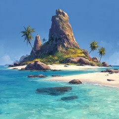 Obraz premium This tropical setting features a stunning islet surrounded by calm turquoise waters and lush palm trees, perfect for a serene day of relaxation and beach exploration