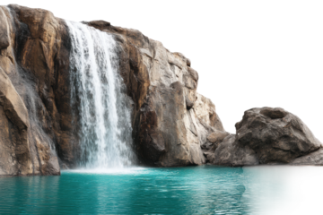 Majestic waterfall cascading into turquoise pool amid rocky landscape, cut out