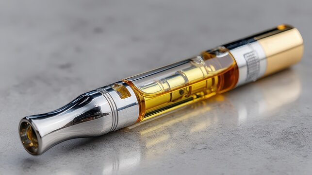 The vape pen cartridge displays a vibrant golden oil, ready for use. This innovative product offers a contemporary approach to wellness, easily portable and user-friendly