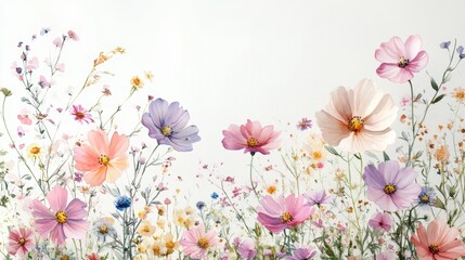 Beautiful seamless floral water color pattern Set, watercolor wild flowers, leaves and grass,Collection botanic garden elements, isolated illustration in rustic or vintage style,copy space.