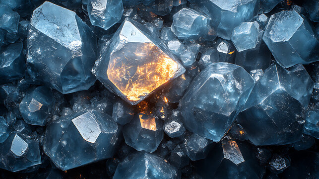 Blue ice crystals with golden light abstract digital art mineral gemstone geology rock texture sparkle cold frozen unique decorative background illustrative fantasy