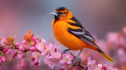 Fototapeta premium A Baltimore oriole showcases its striking orange and black plumage while perched on delicate pink cherry blossoms during a beautiful spring day filled with blooming flowers