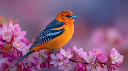 Obraz premium Bright Baltimore oriole sits gracefully among fresh spring blossoms, showcasing its striking orange and black plumage against a backdrop of soft pink flowers, embodying the beauty of the season