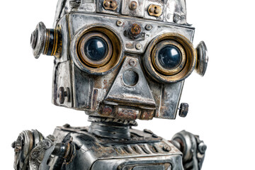 Fototapeta premium Vintage robot with large eyes and metal details on black background, cut out