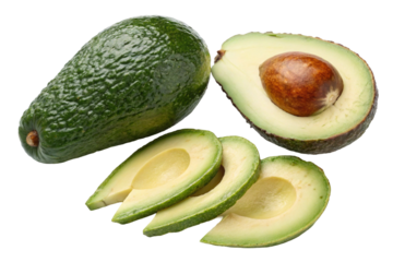 Whole avocado with sliced avocado and seed isolated on transparent background high resolution