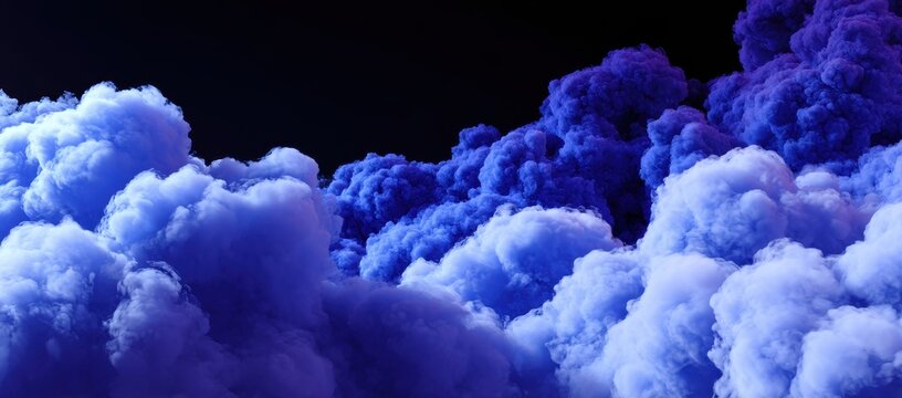 Vibrant blue and purple smoke clouds against black