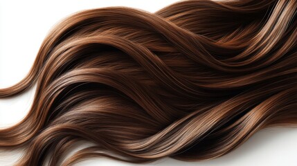 Naklejka premium Beautiful model girl with Brown hair strand,silky healthy chestnut wavy hair strand,hair wavy ribbon, with smooth,Keratin straightening,Treatment,straight long hair,procedures,Smooth hairstyle.